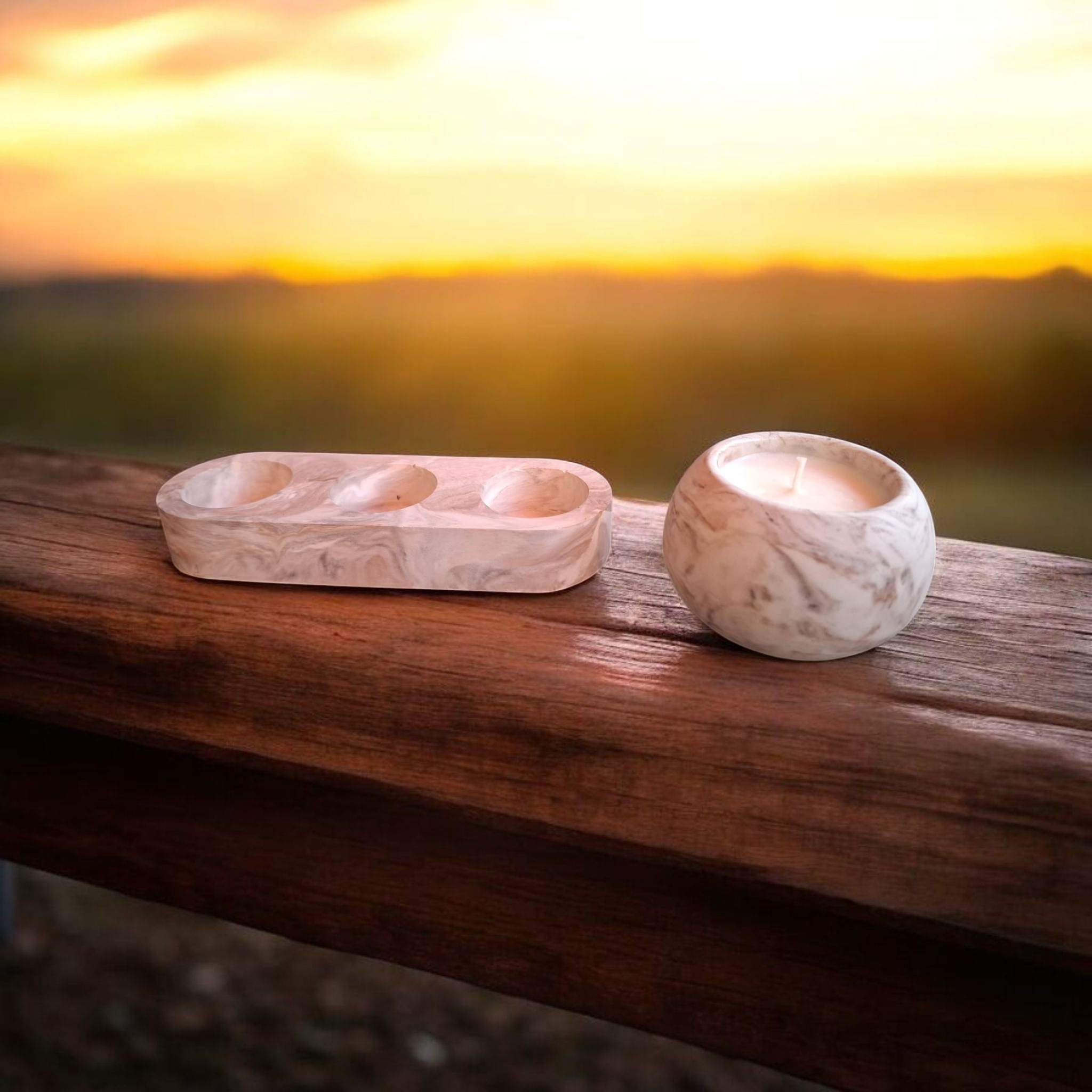 Minimalist handmade candle in gypsum container, sustainable soy wax.