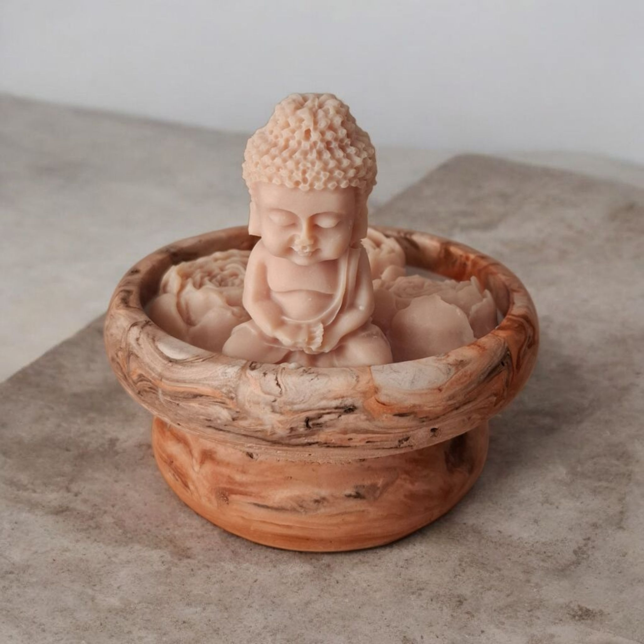Minimalist handmade candle in gypsum container, sustainable soy wax.