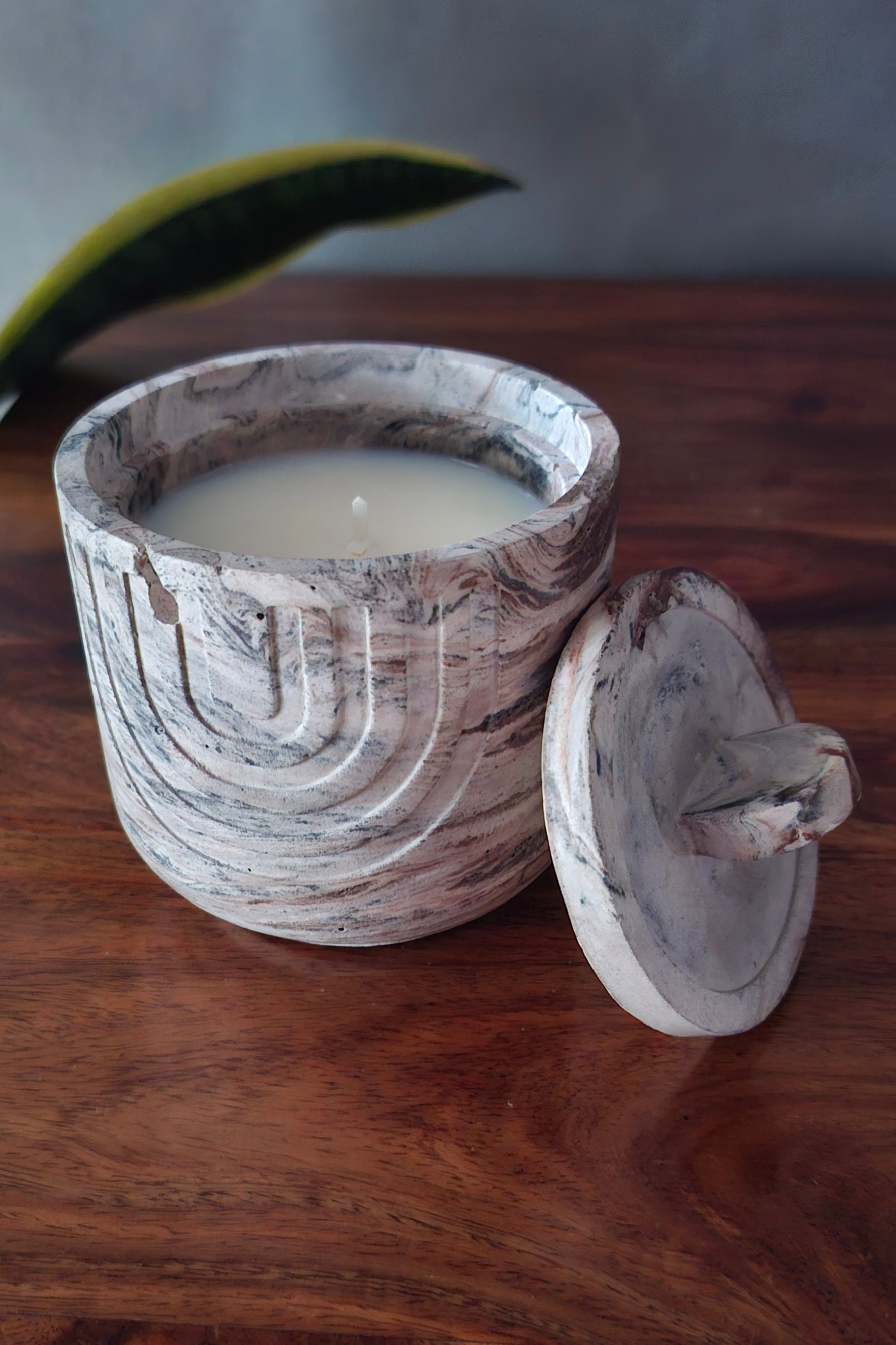 Eco-Friendly Soy Candle – Unique Gypsum Vessel Minimalist handmade candle in gypsum container, sustainable soy wax.