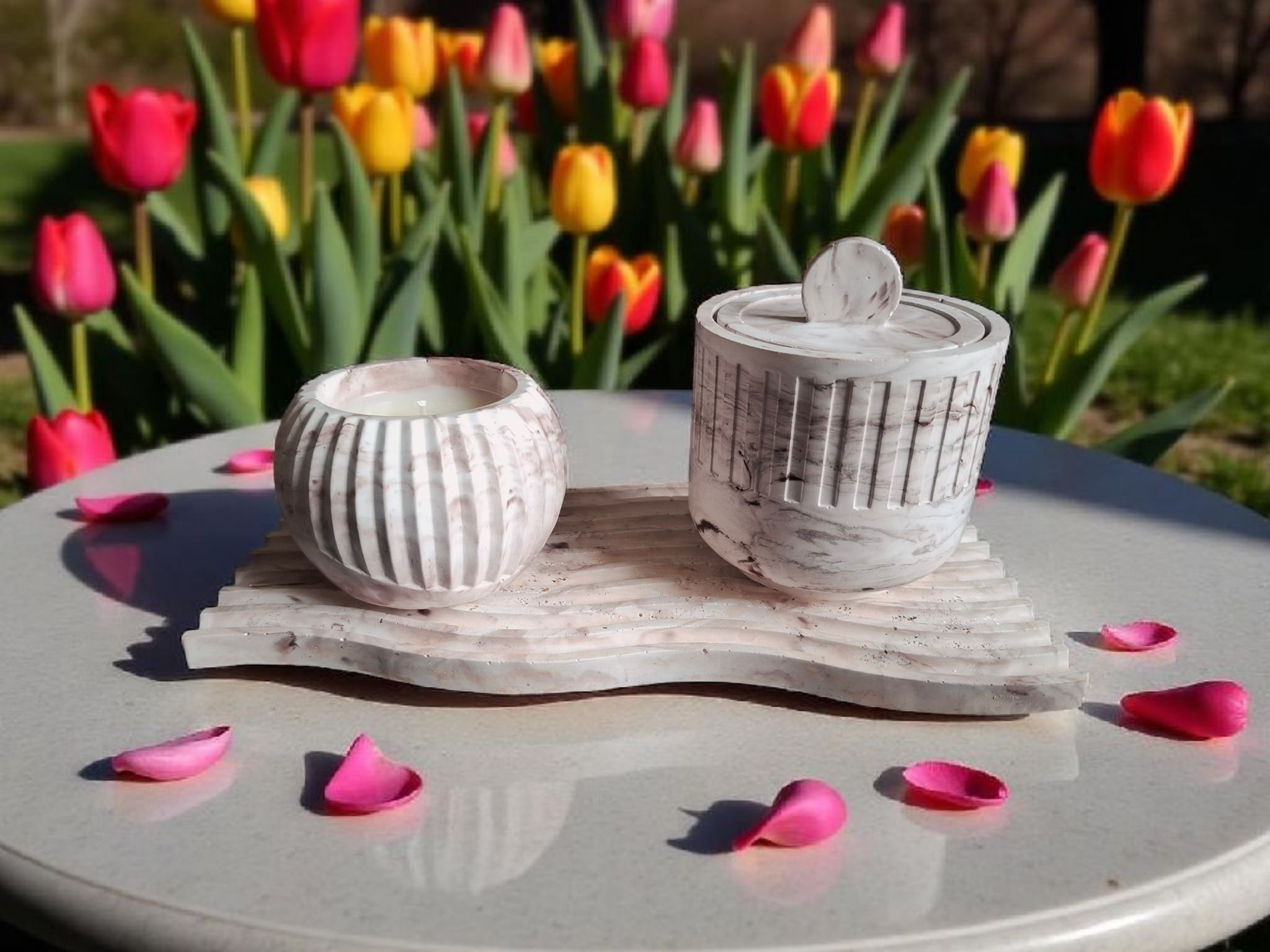 Minimalist handmade candle in gypsum container, sustainable soy wax.