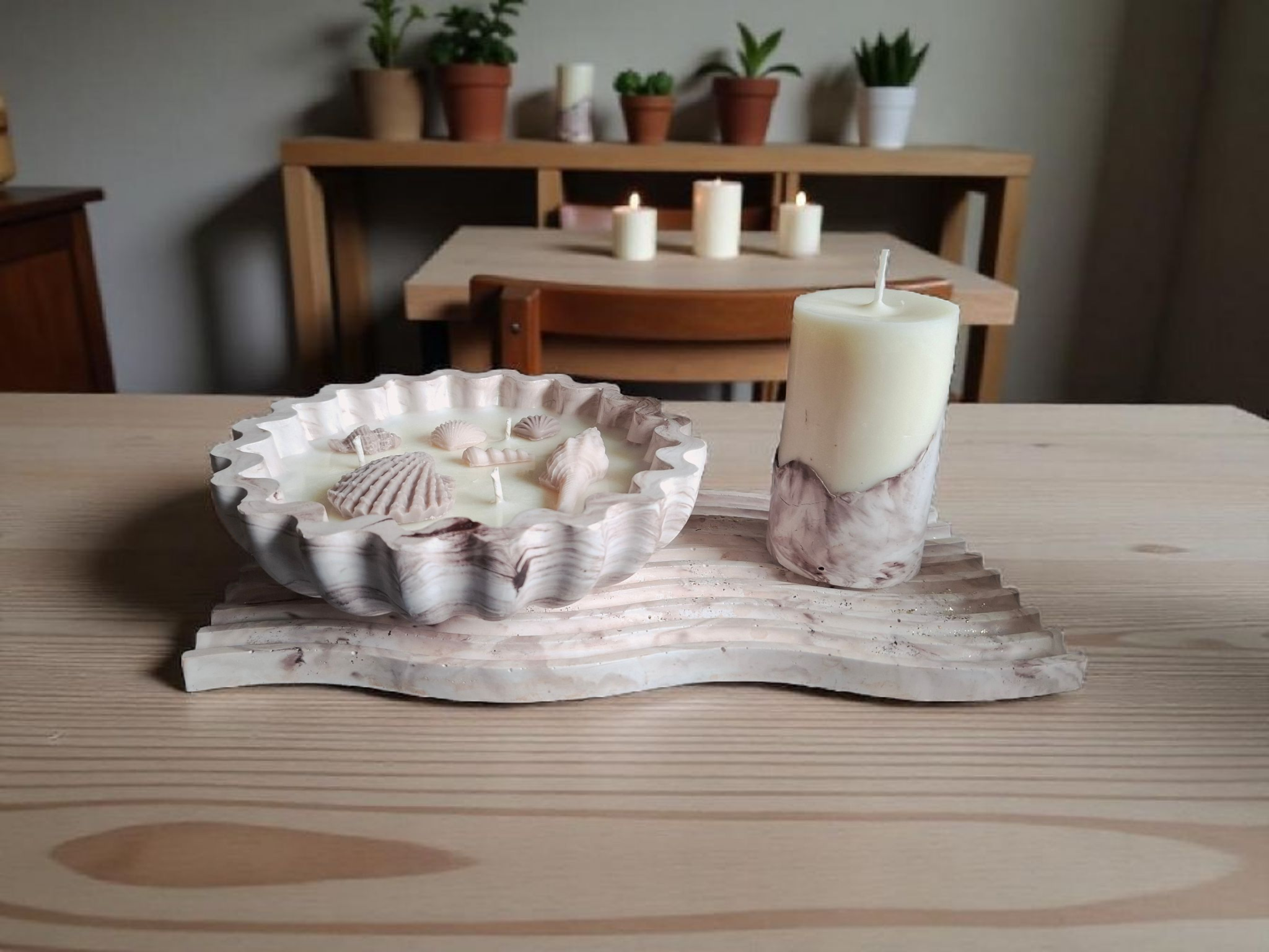Minimalist handmade candle in gypsum container, sustainable soy wax.