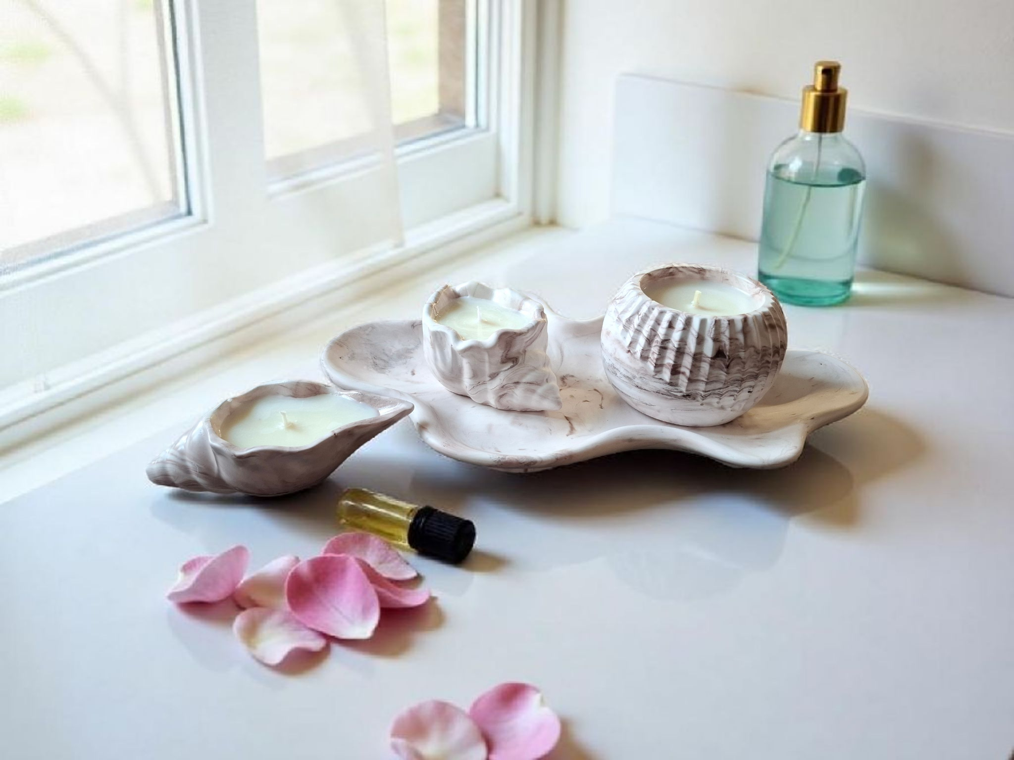 Minimalist handmade candle in gypsum container, sustainable soy wax.