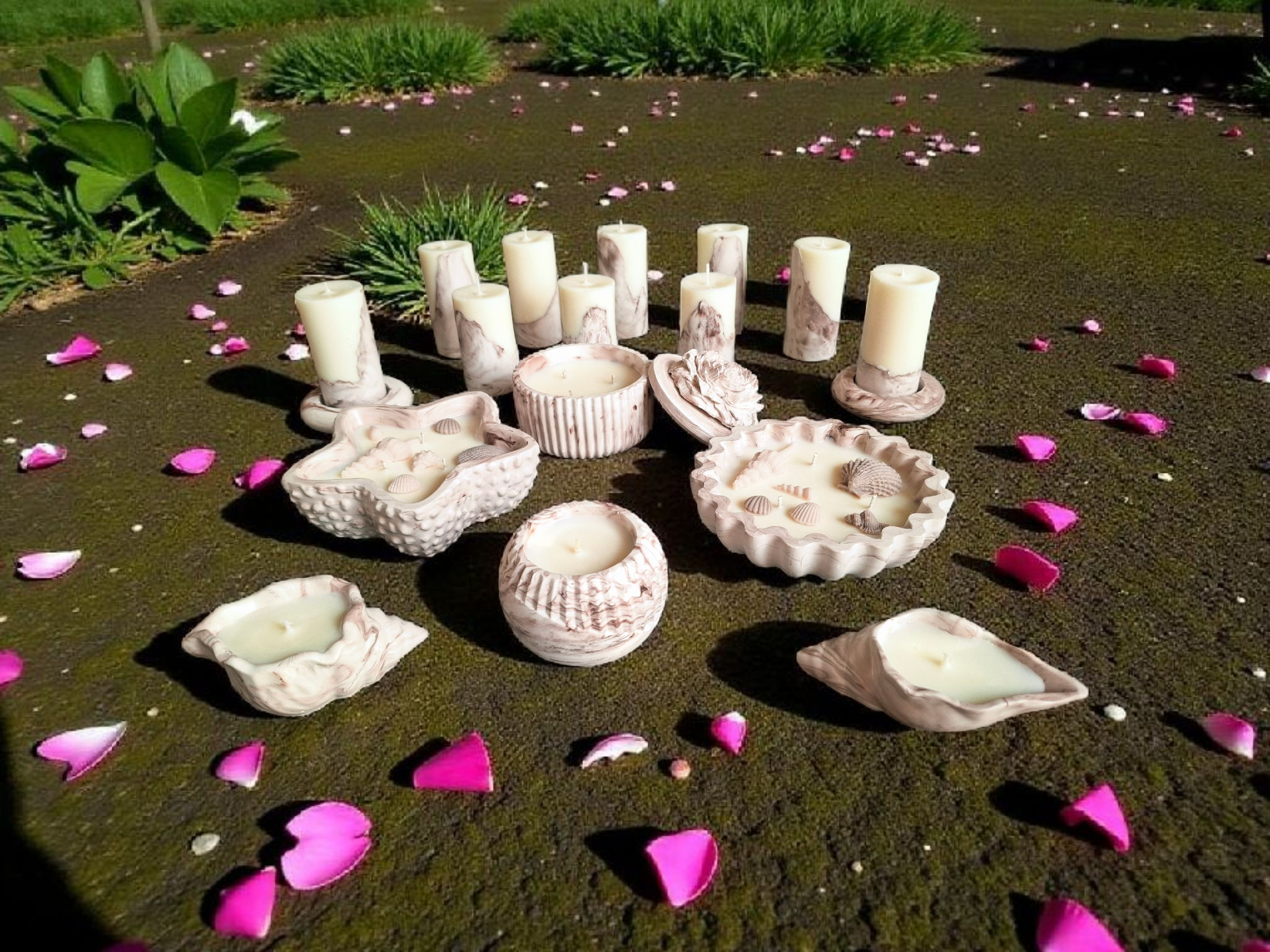 Minimalist handmade candle in gypsum container, sustainable soy wax.