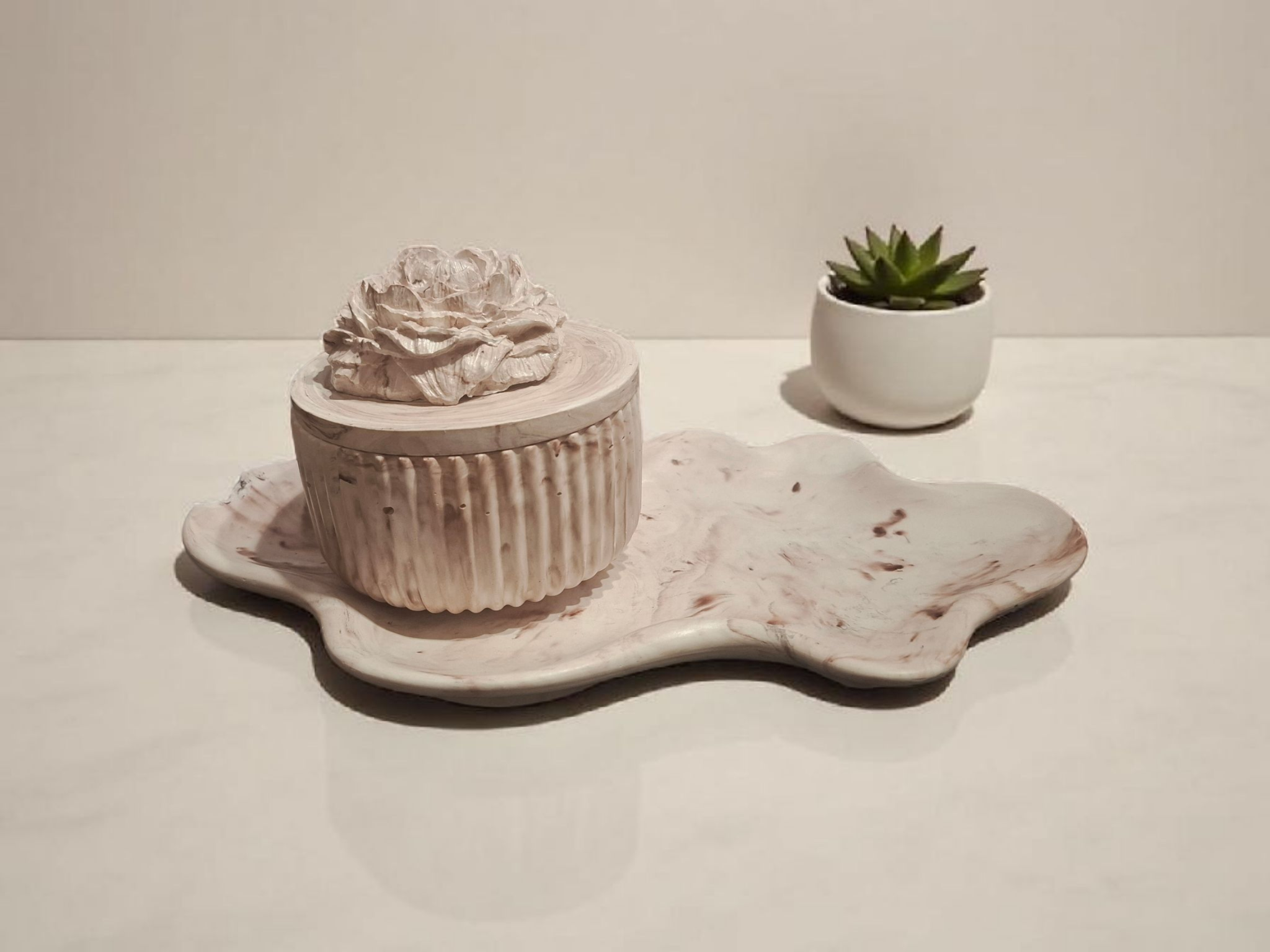 Minimalist handmade candle in gypsum container, sustainable soy wax.