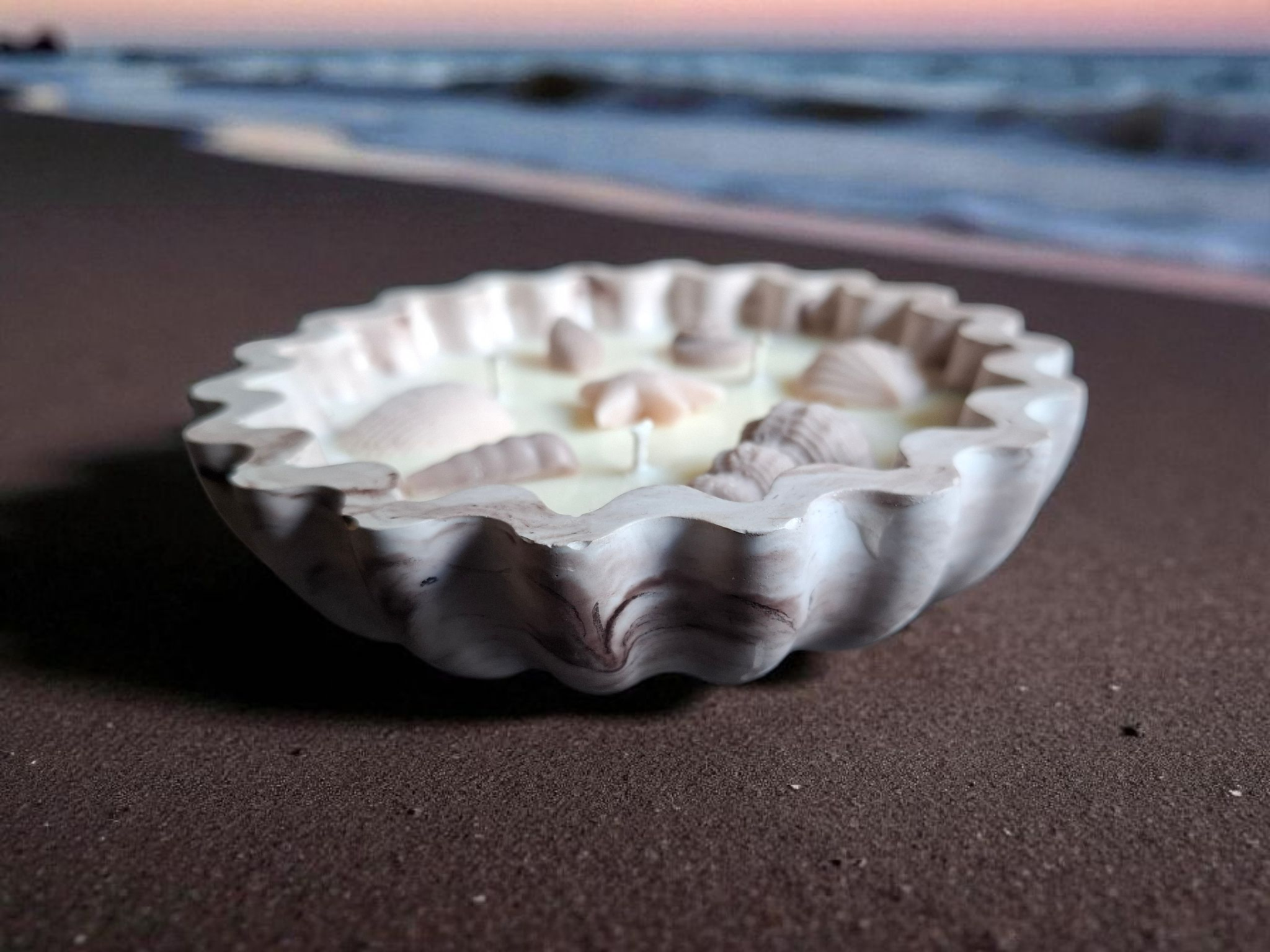 Minimalist handmade candle in gypsum container, sustainable soy wax.