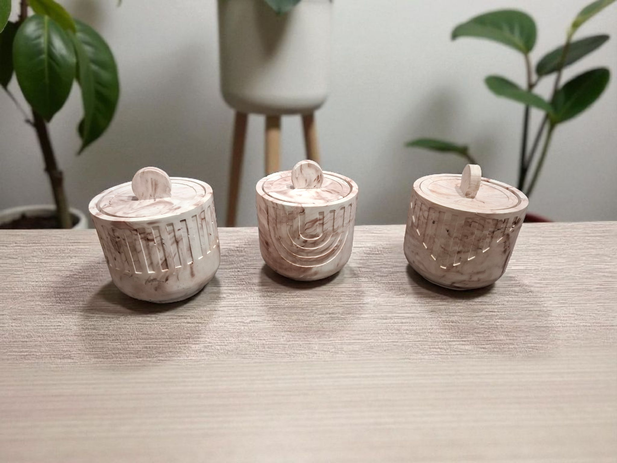 Minimalist handmade candle in gypsum container, sustainable soy wax.