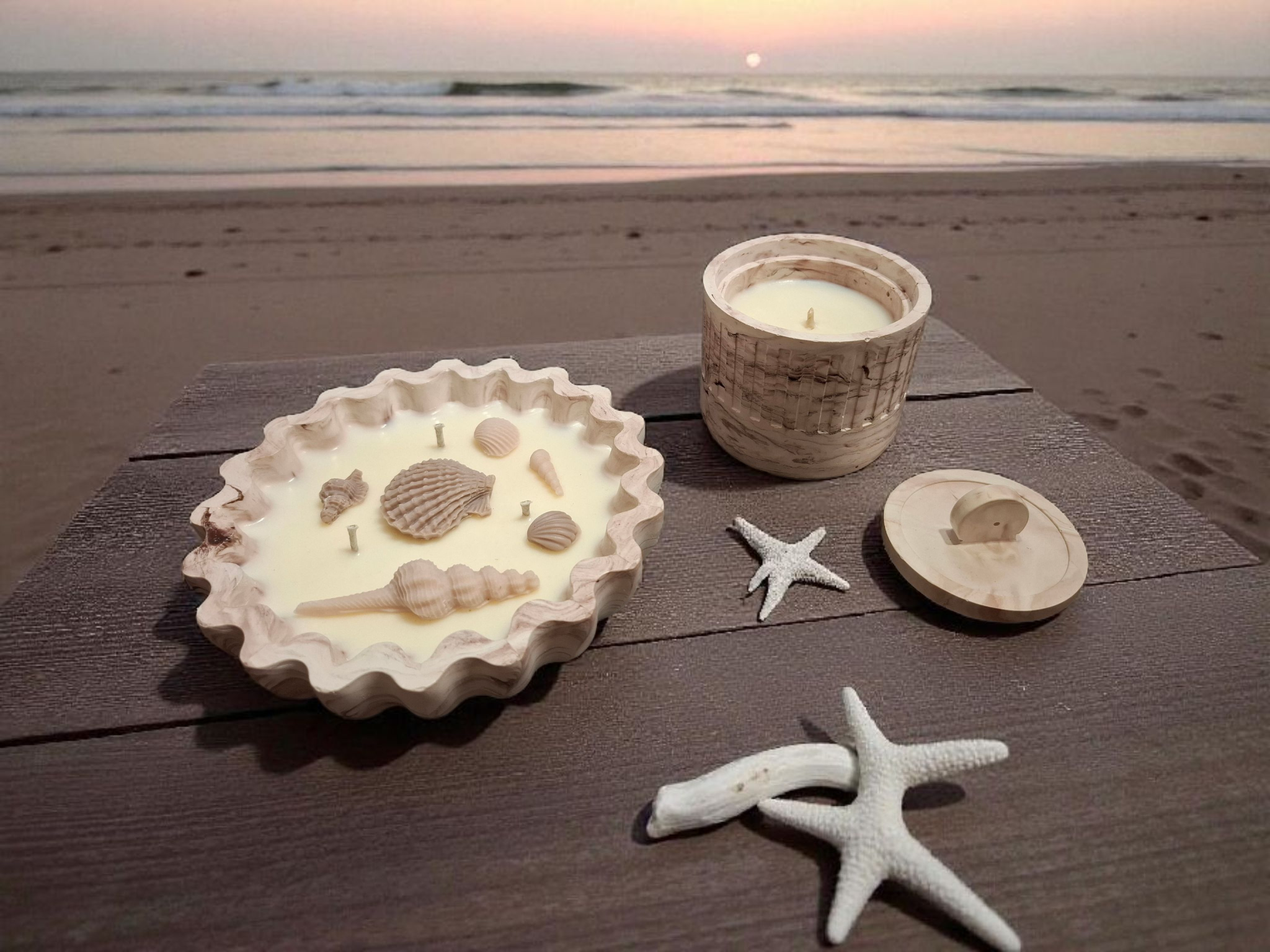 Minimalist handmade candle in gypsum container, sustainable soy wax.